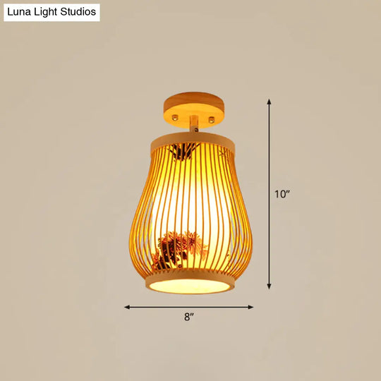 Cage Style Asian Bamboo Ceiling Light - Wood Semi Flush Single-Bulb Aisle Mounted