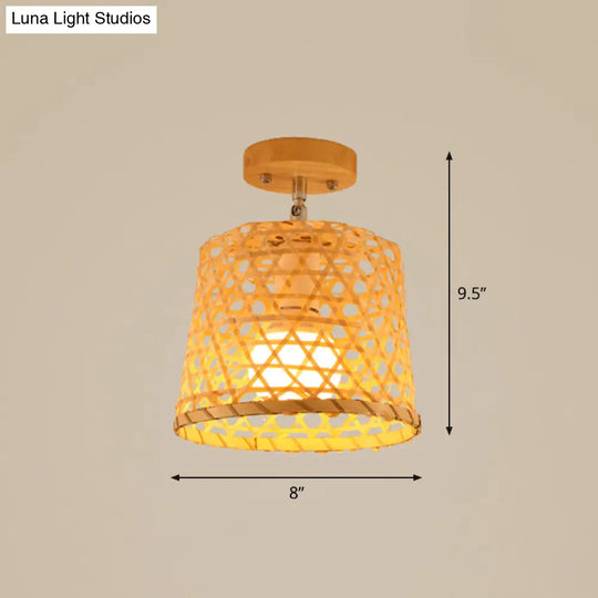 Cage Style Asian Bamboo Ceiling Light - Wood Semi Flush Single-Bulb Aisle Mounted