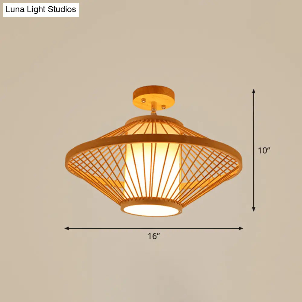 Cage Style Asian Bamboo Ceiling Light - Wood Semi Flush Single-Bulb Aisle Mounted