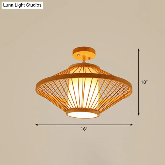 Cage Style Asian Bamboo Ceiling Light - Wood Semi Flush Single-Bulb Aisle Mounted