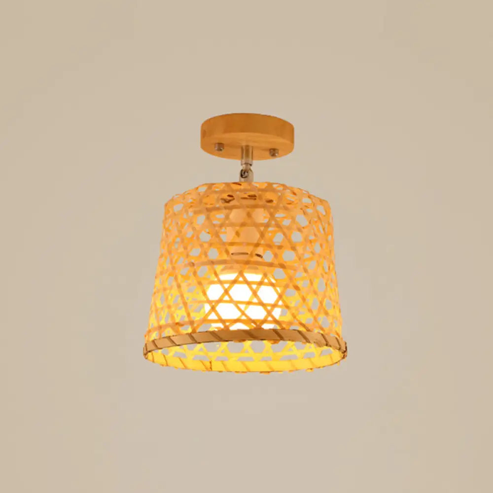 Cage Style Asian Bamboo Ceiling Light - Wood Semi Flush Single-Bulb Aisle Mounted / Birdcage