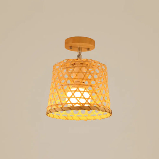 Cage Style Asian Bamboo Ceiling Light - Wood Semi Flush Single-Bulb Aisle Mounted / Birdcage