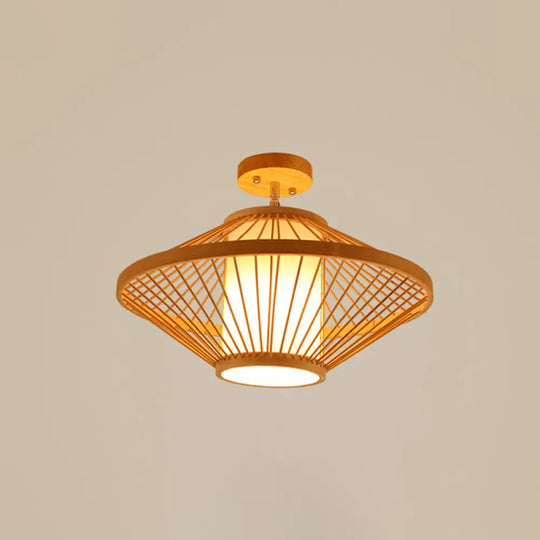 Cage Style Asian Bamboo Ceiling Light - Wood Semi Flush Single-Bulb Aisle Mounted / Gyro