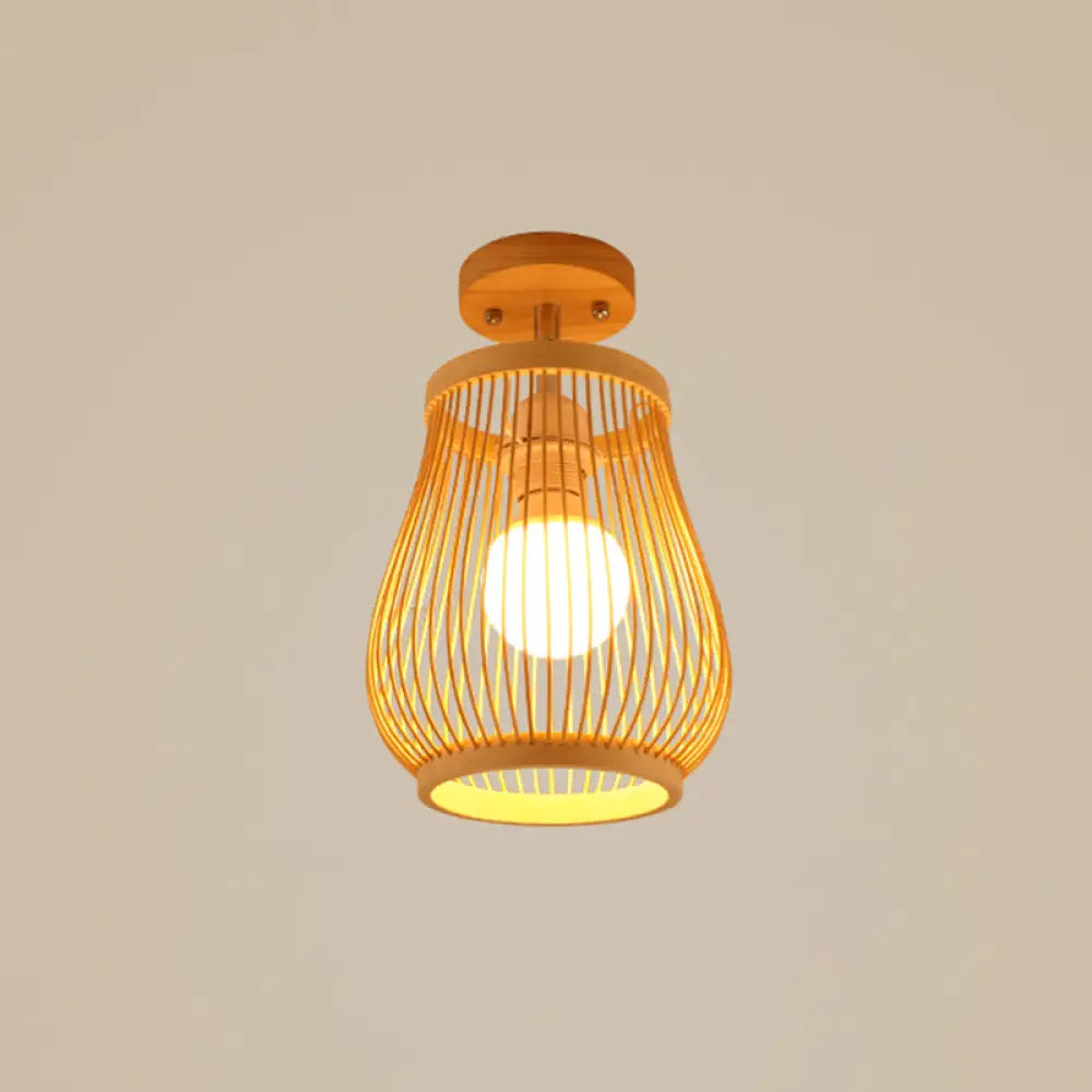 Cage Style Asian Bamboo Ceiling Light - Wood Semi Flush Single-Bulb Aisle Mounted / Lantern