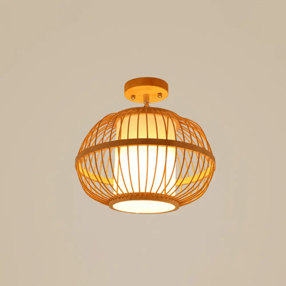 Cage Style Asian Bamboo Ceiling Light - Wood Semi Flush Single-Bulb Aisle Mounted / Oval