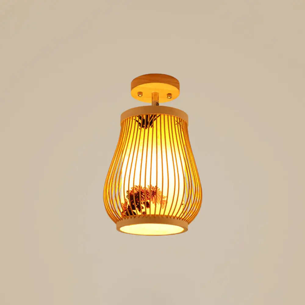 Cage Style Asian Bamboo Ceiling Light - Wood Semi Flush Single-Bulb Aisle Mounted / Plant