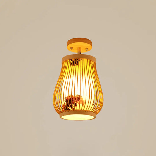 Cage Style Asian Bamboo Ceiling Light - Wood Semi Flush Single-Bulb Aisle Mounted / Plant