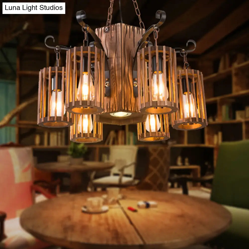 Cage Style Industrial Chandelier: Wooden Brown And Black Suspension Light For Living Room