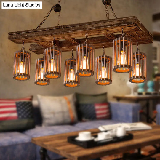 Cage Style Industrial Wooden Chandelier For Living Room - Brown And Black Suspension Light Fixture