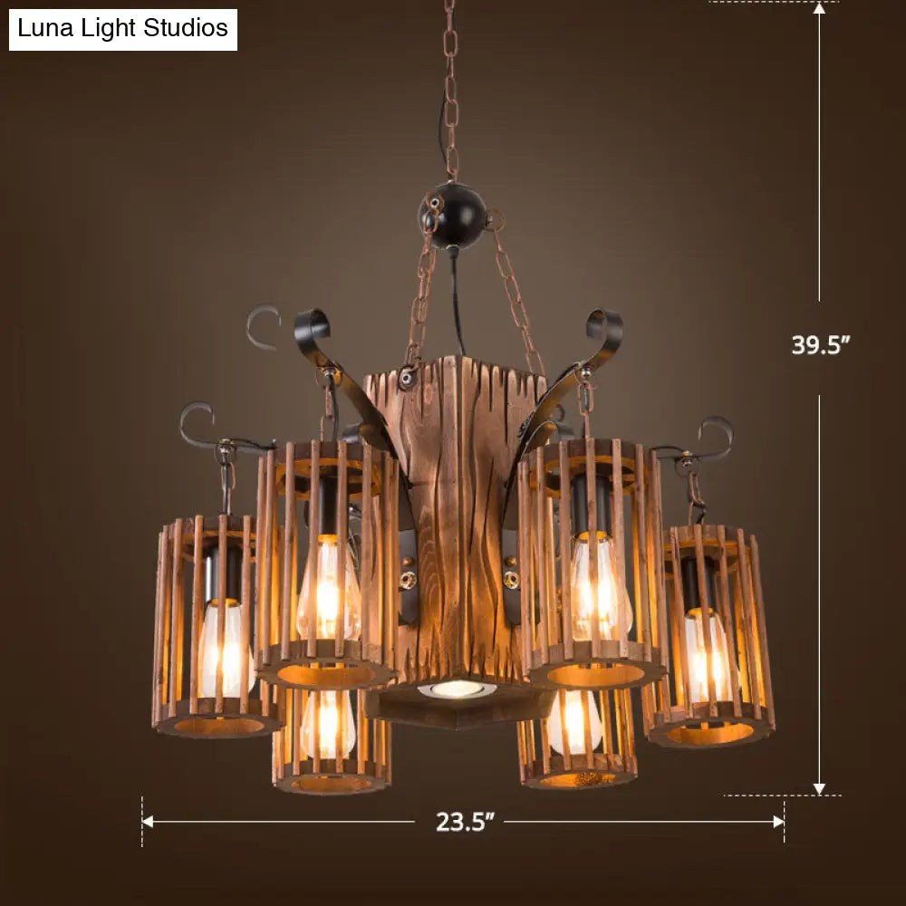 Cage Style Industrial Wooden Chandelier For Living Room - Brown And Black Suspension Light Fixture 6