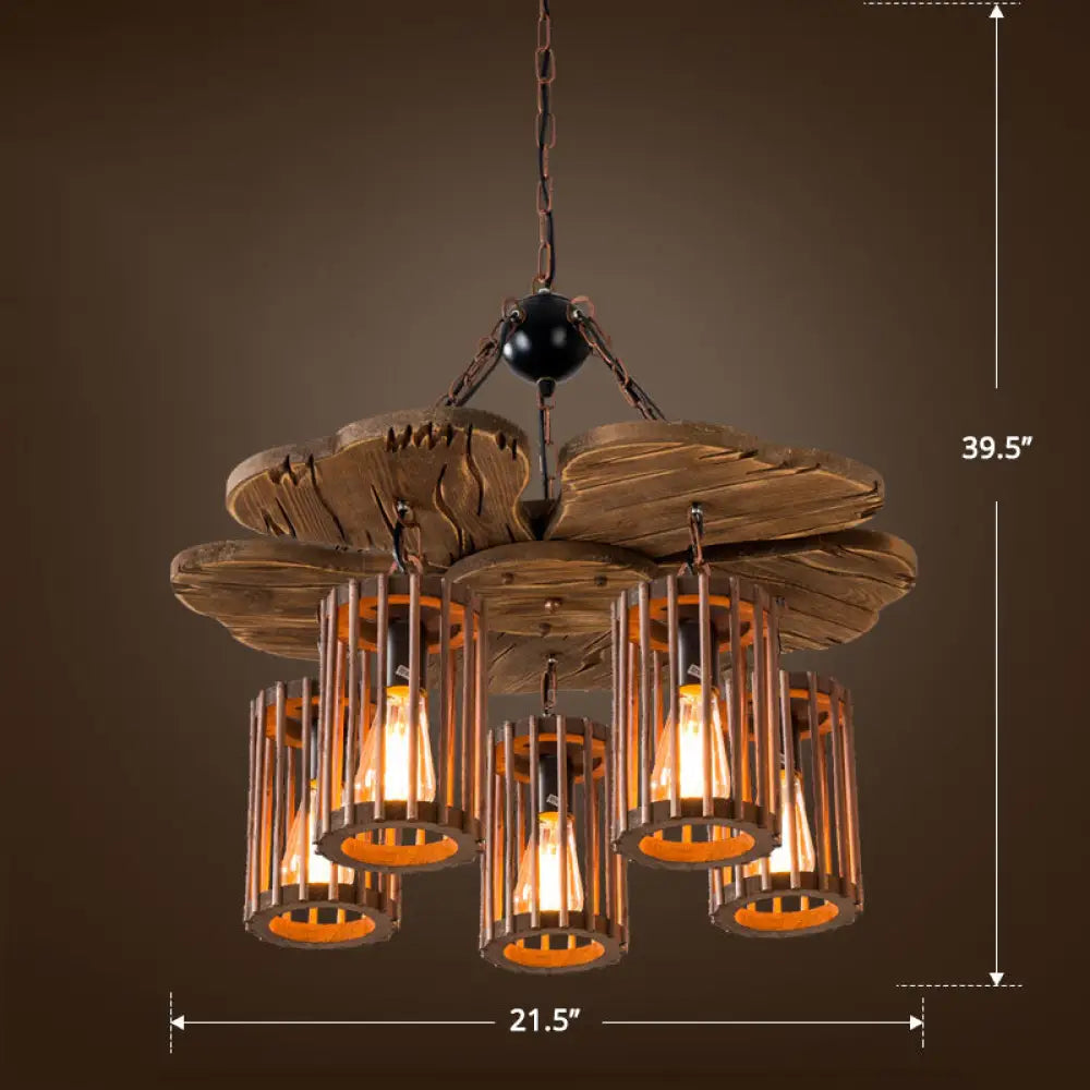 Cage Style Industrial Chandelier: Wooden Brown And Black Suspension Light For Living Room 5 / Wood