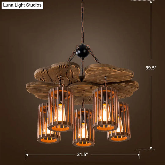 Cage Style Industrial Wooden Chandelier For Living Room - Brown And Black Suspension Light Fixture 5