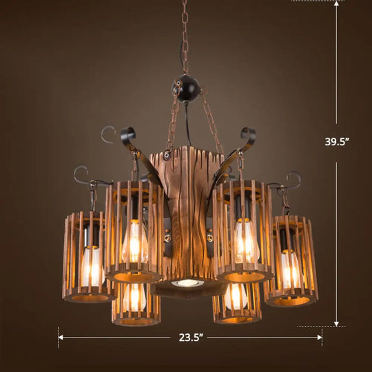 Cage Style Industrial Chandelier: Wooden Brown And Black Suspension Light For Living Room 6 / Wood