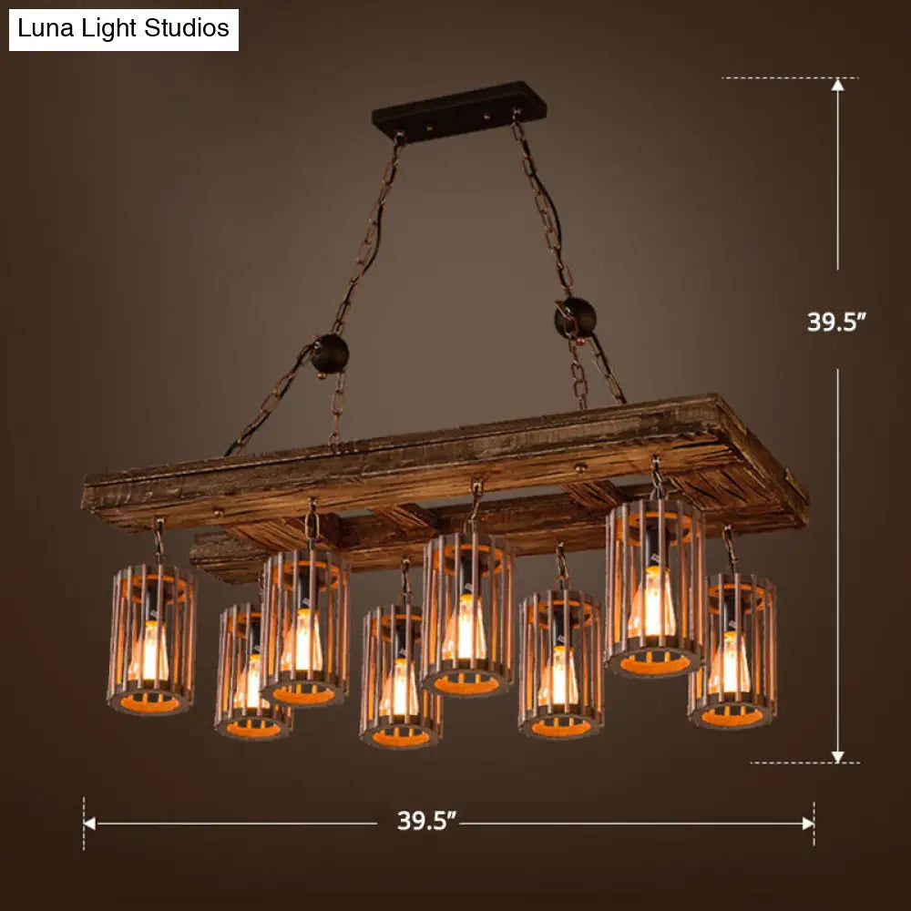 Cage Style Industrial Wooden Chandelier For Living Room - Brown And Black Suspension Light Fixture 8