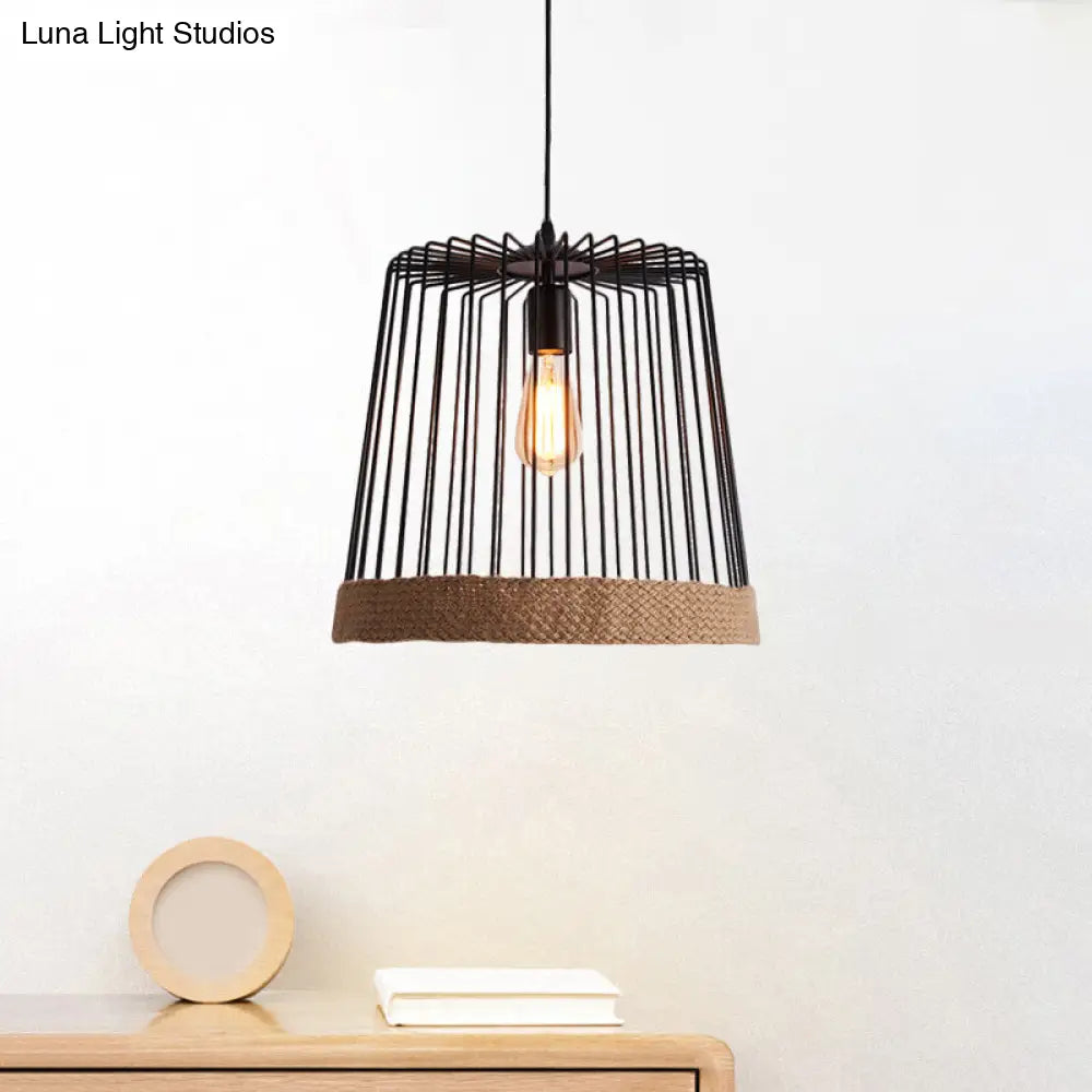 Caged Coffee Shop Suspension Lamp With Industrial Metal And Rope Shade - Black/White Pendant Light