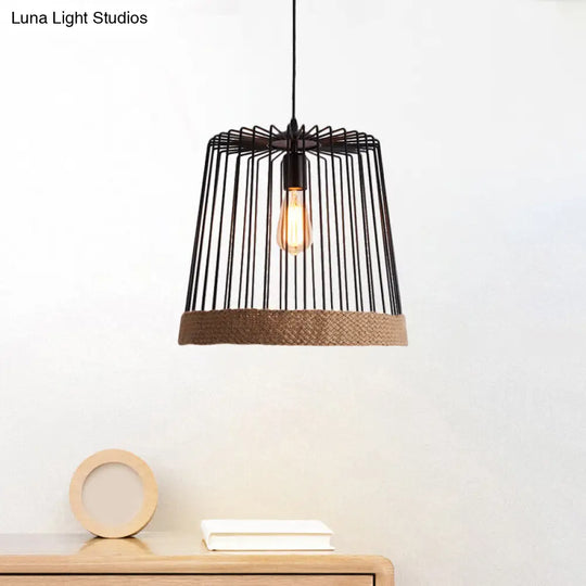 Caged Coffee Shop Suspension Lamp With Industrial Metal And Rope Shade - Black/White Pendant Light