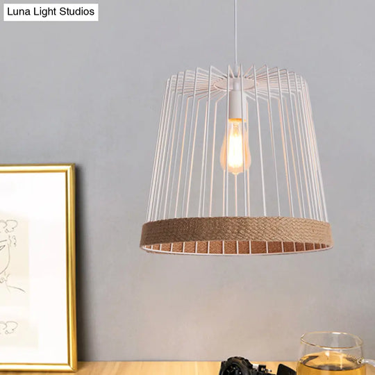 Caged Coffee Shop Suspension Lamp - Industrial Metal And Rope Pendant Light