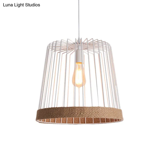 Caged Coffee Shop Suspension Lamp - Industrial Metal And Rope Pendant Light
