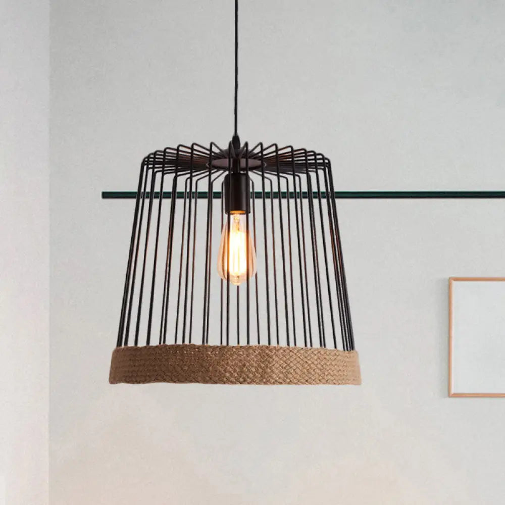 Caged Coffee Shop Suspension Lamp - Industrial Metal And Rope Pendant Light Black
