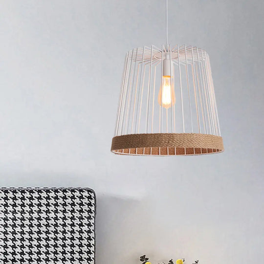 Caged Coffee Shop Suspension Lamp - Industrial Metal And Rope Pendant Light White