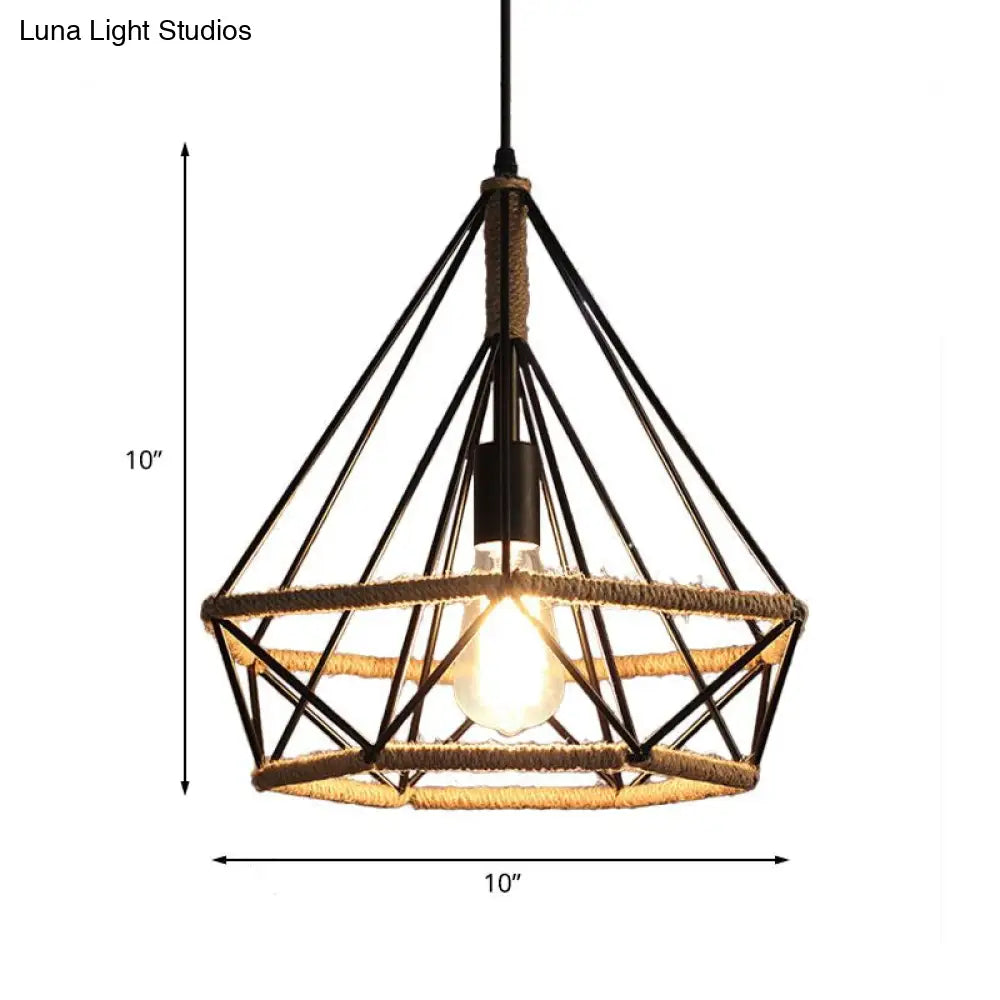 Caged Diamond Pendant Light In Vintage Metal & Rope With Adjustable Cord For Dining Room