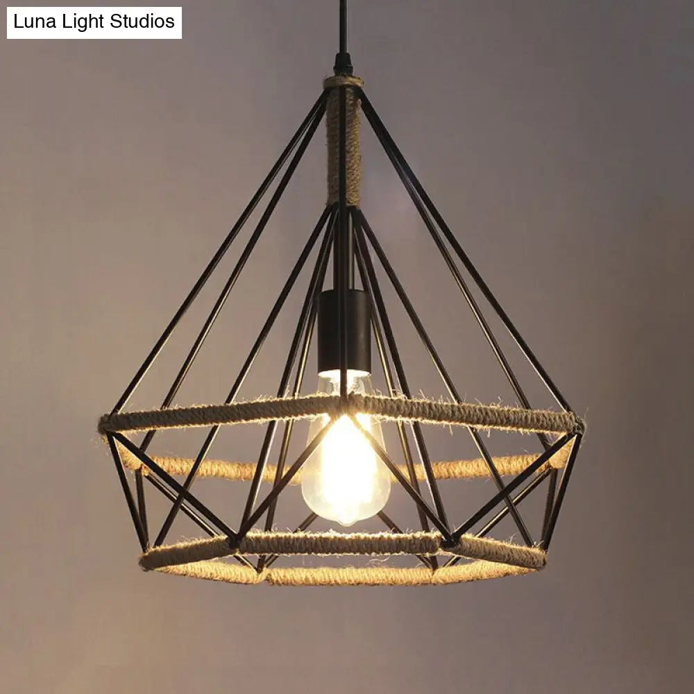 Diamond Caged Pendant Dining Room Light: Vintage Metal And Rope With Adjustable Cord Black / 10