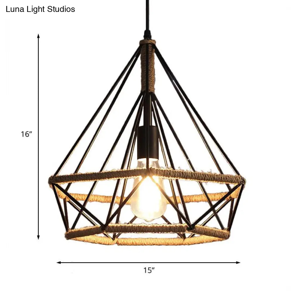 Diamond Caged Pendant Dining Room Light: Vintage Metal And Rope With Adjustable Cord