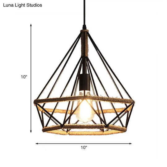 Diamond Caged Pendant Dining Room Light: Vintage Metal And Rope With Adjustable Cord