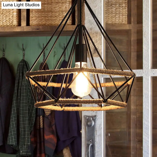 Caged Diamond Pendant Light In Vintage Metal & Rope With Adjustable Cord For Dining Room