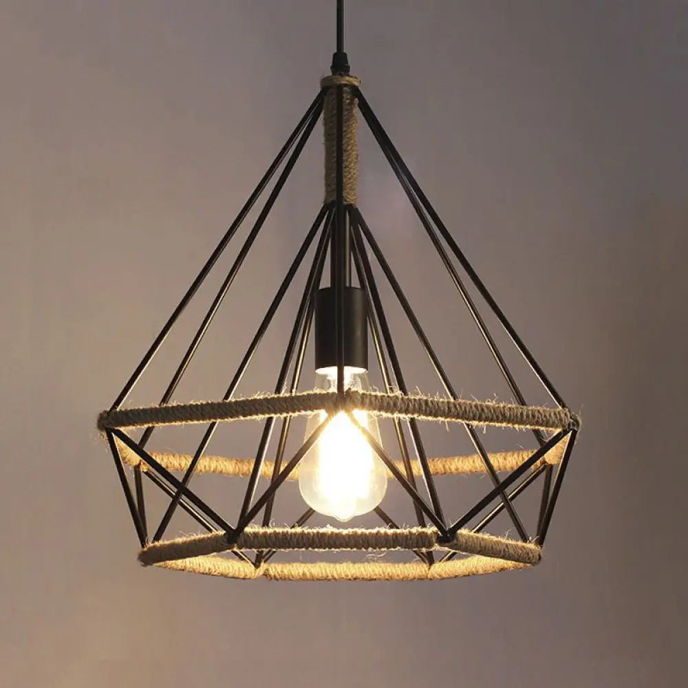 Caged Diamond Pendant Light In Vintage Metal & Rope With Adjustable Cord For Dining Room Black / 10’