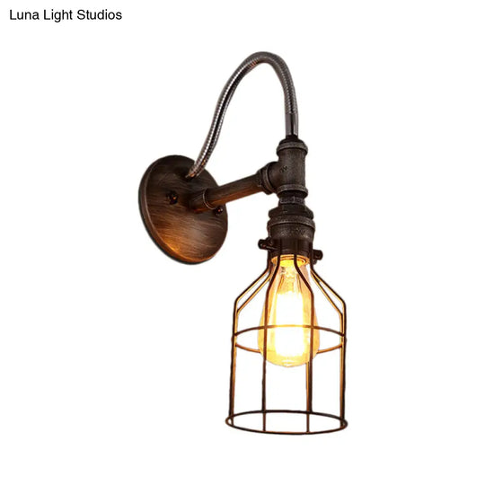 Caged Wall Light With Gooseneck Arm - Rustic Metal Sconce Fixture