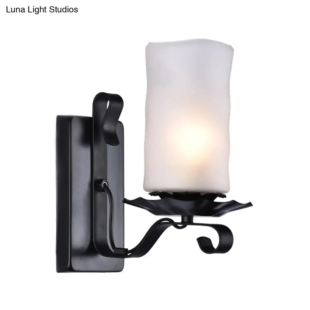 Candle/Kerosene Wall Lamp With Scroll Arm In Black - Loft Style White/Brown Glass 1-Bulb