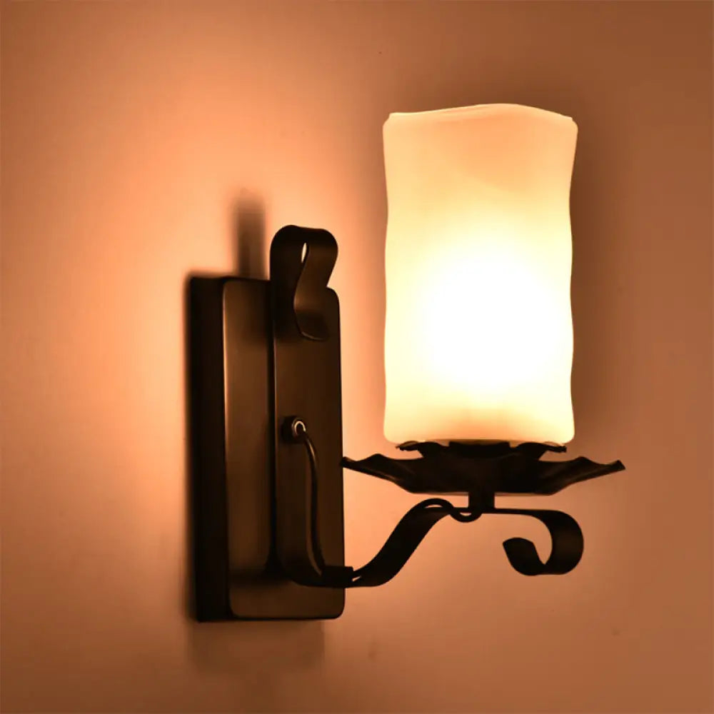 Candle/Kerosene Wall Lamp With Scroll Arm In Black - Loft Style White/Brown Glass 1-Bulb White