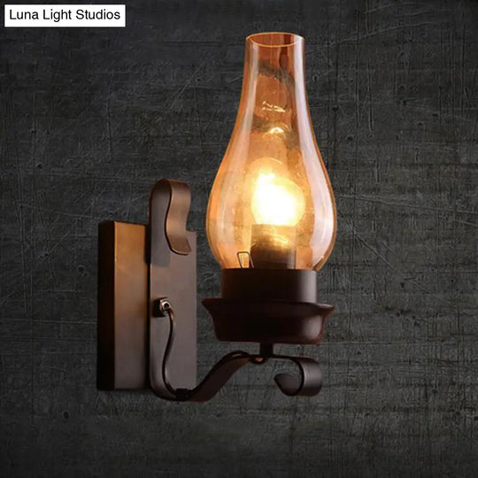 Candle/Kerosene Wall Lamp With Scroll Arm In Black - Loft Style White/Brown Glass 1-Bulb