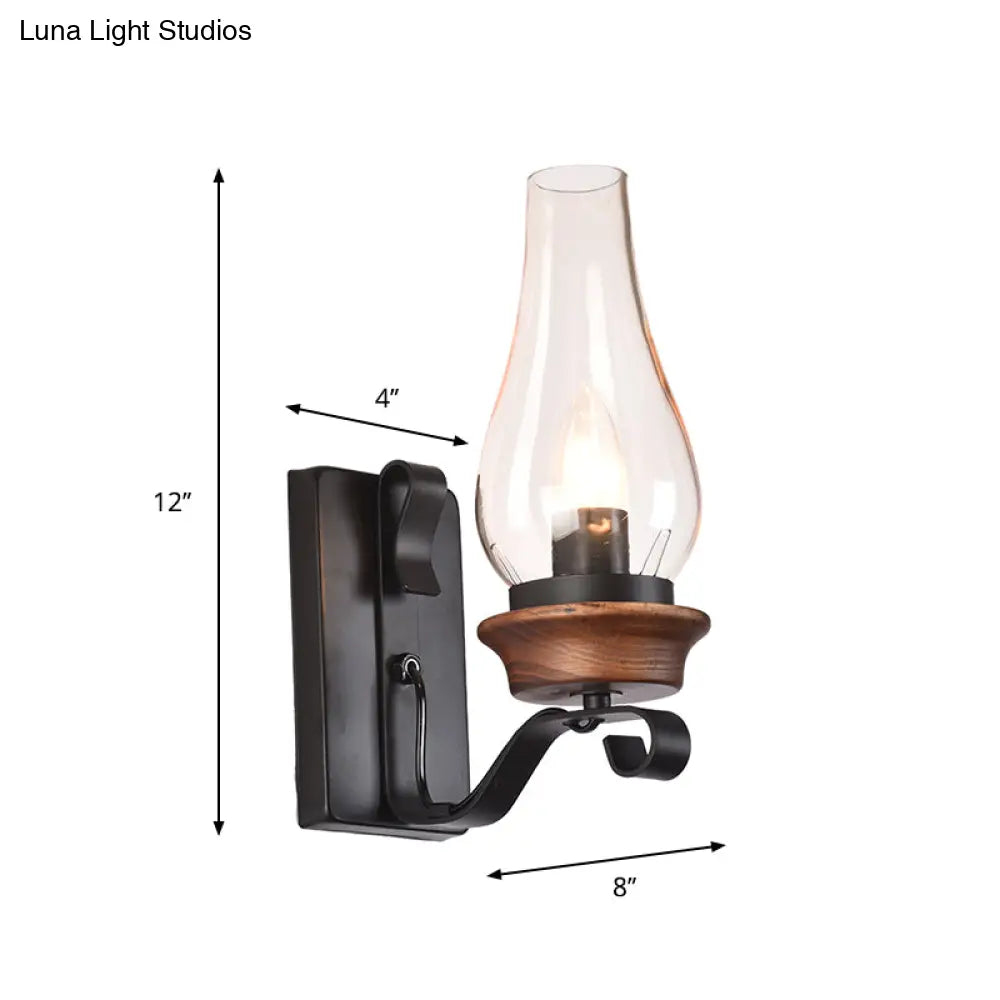 Candle/Kerosene Wall Lamp With Scroll Arm In Black - Loft Style White/Brown Glass 1-Bulb