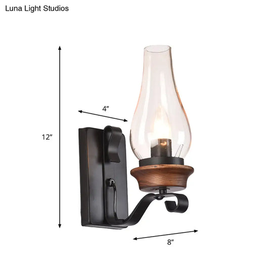 Candle/Kerosene Wall Lamp With Scroll Arm In Black - Loft Style White/Brown Glass 1-Bulb