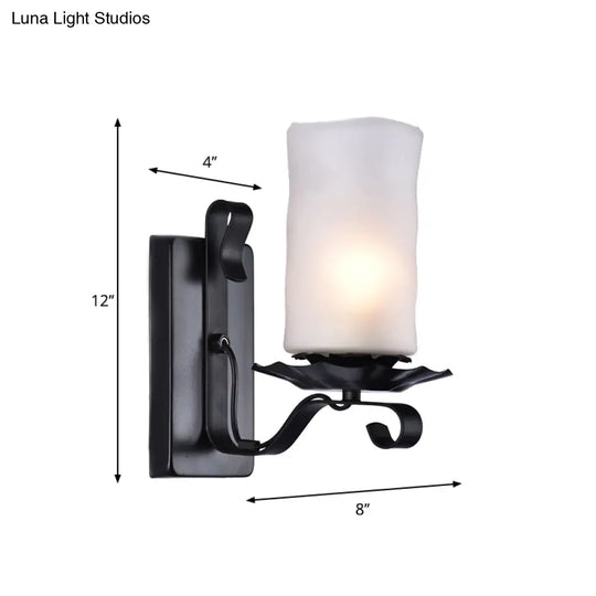 Candle/Kerosene Wall Lamp With Scroll Arm In Black - Loft Style White/Brown Glass 1-Bulb