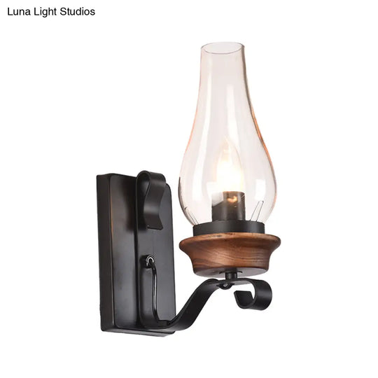 Candle/Kerosene Wall Lamp With Scroll Arm In Black - Loft Style White/Brown Glass 1-Bulb