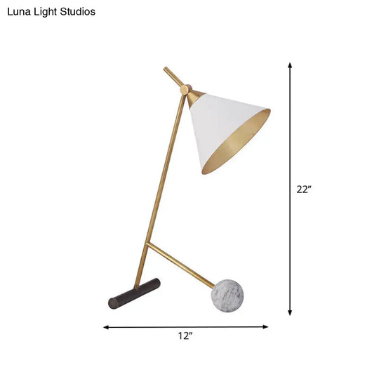 Modern White And Brass Cone Night Light 1-Head Metal Table Lamp Ideal For Bedroom