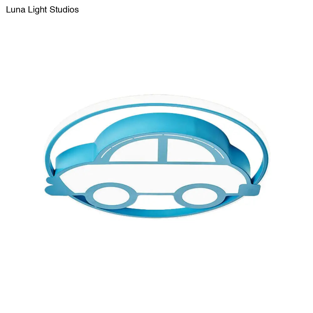 Car Shape Led Cartoon Flush Mount Lamp In Blue With White/Warm Light - Ideal For Bedrooms