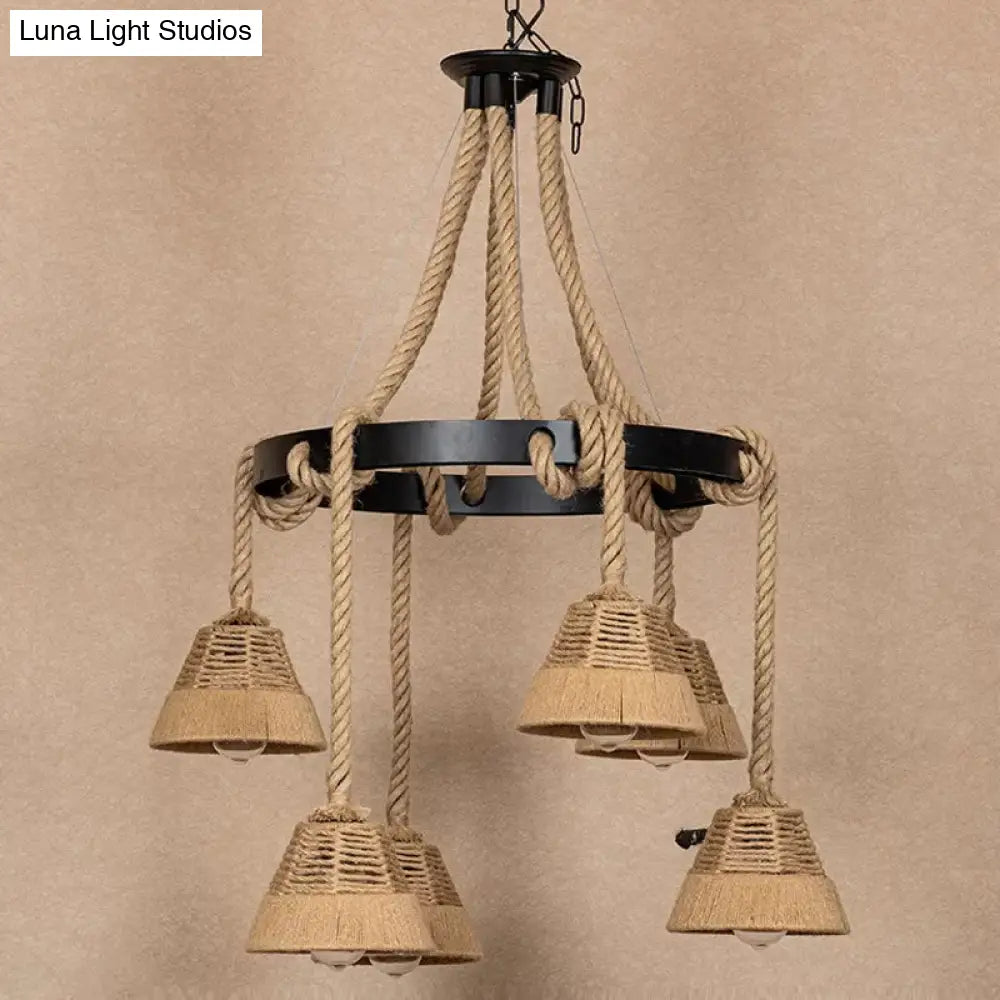 Carillon Cottage Brown Rope Pendant Chandelier - 6 Lights Ideal For Restaurants