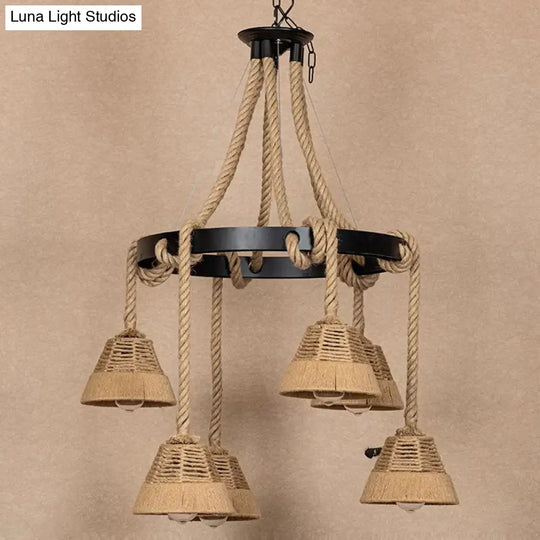 Carillon Cottage Brown Rope Pendant Chandelier - 6 Lights Ideal For Restaurants