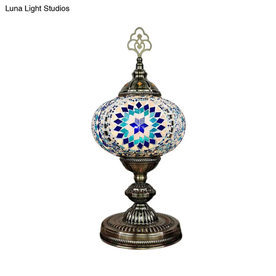 Moroccan Stained Art Glass Nightstand Lamp - Oblong Single Bulb Night Light In Beige/Red/Blue For