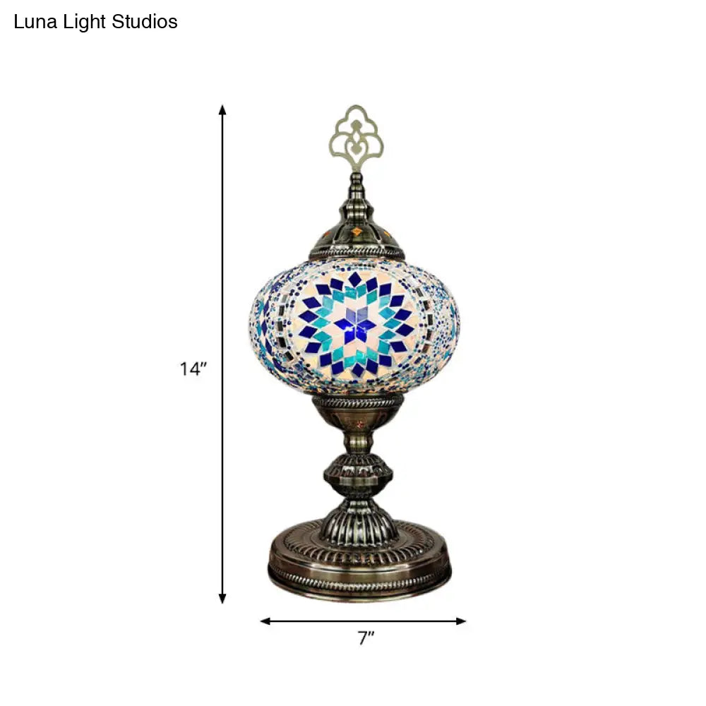 Moroccan Stained Art Glass Nightstand Lamp - Oblong Single Bulb Night Light In Beige/Red/Blue For