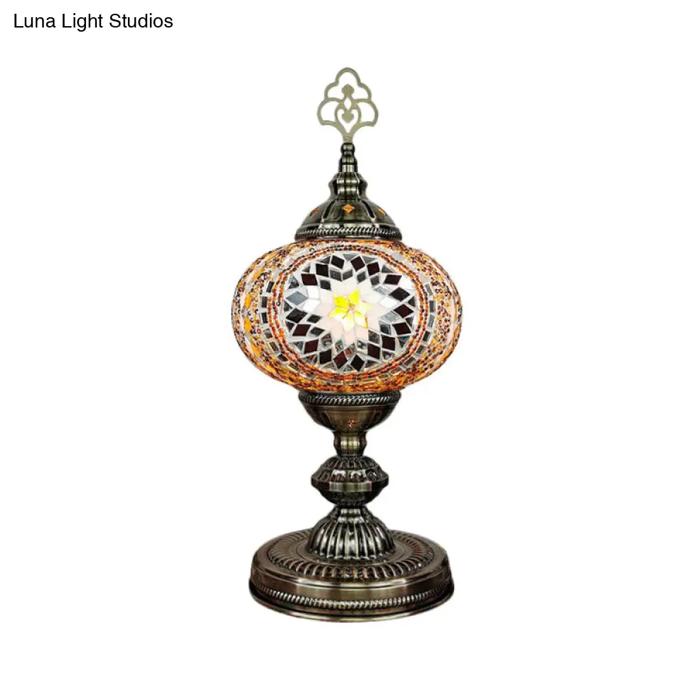 Moroccan Stained Art Glass Nightstand Lamp - Oblong Single Bulb Night Light In Beige/Red/Blue For