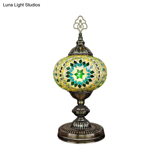 Moroccan Stained Art Glass Nightstand Lamp - Oblong Single Bulb Night Light In Beige/Red/Blue For