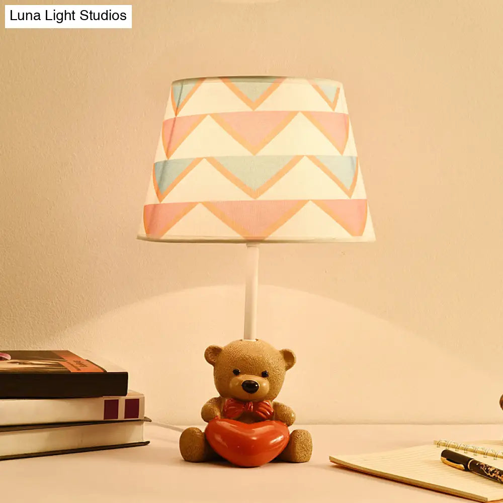 Cartoon 1-Head Brown Fabric Empire Shade Table Lamp: Adorable Bear And Heart Design For Nightstands