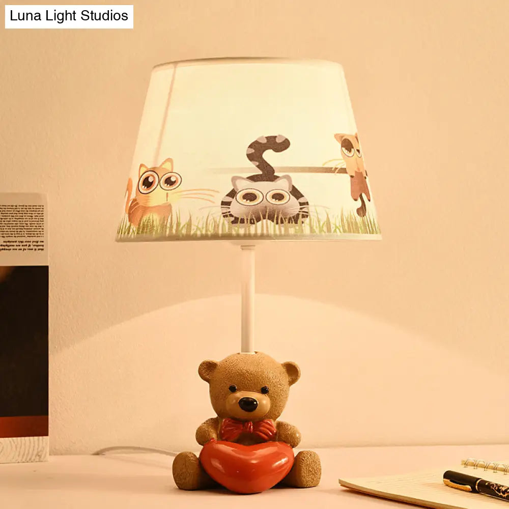 Cartoon 1-Head Brown Fabric Empire Shade Table Lamp: Adorable Bear And Heart Design For Nightstands