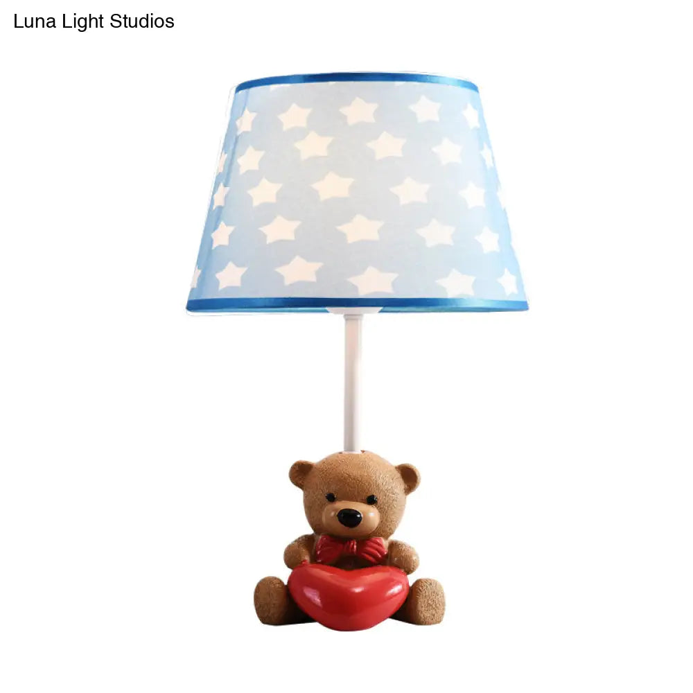 Cartoon 1-Head Brown Fabric Empire Shade Table Lamp: Adorable Bear And Heart Design For Nightstands