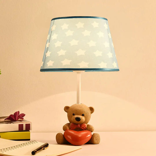 Cartoon 1-Head Brown Fabric Empire Shade Table Lamp: Adorable Bear And Heart Design For Nightstands